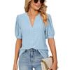 Summer Casual V-neck Solid Color Hollow Bubble Sleeve Loose T-shirt Top for Women Shirt