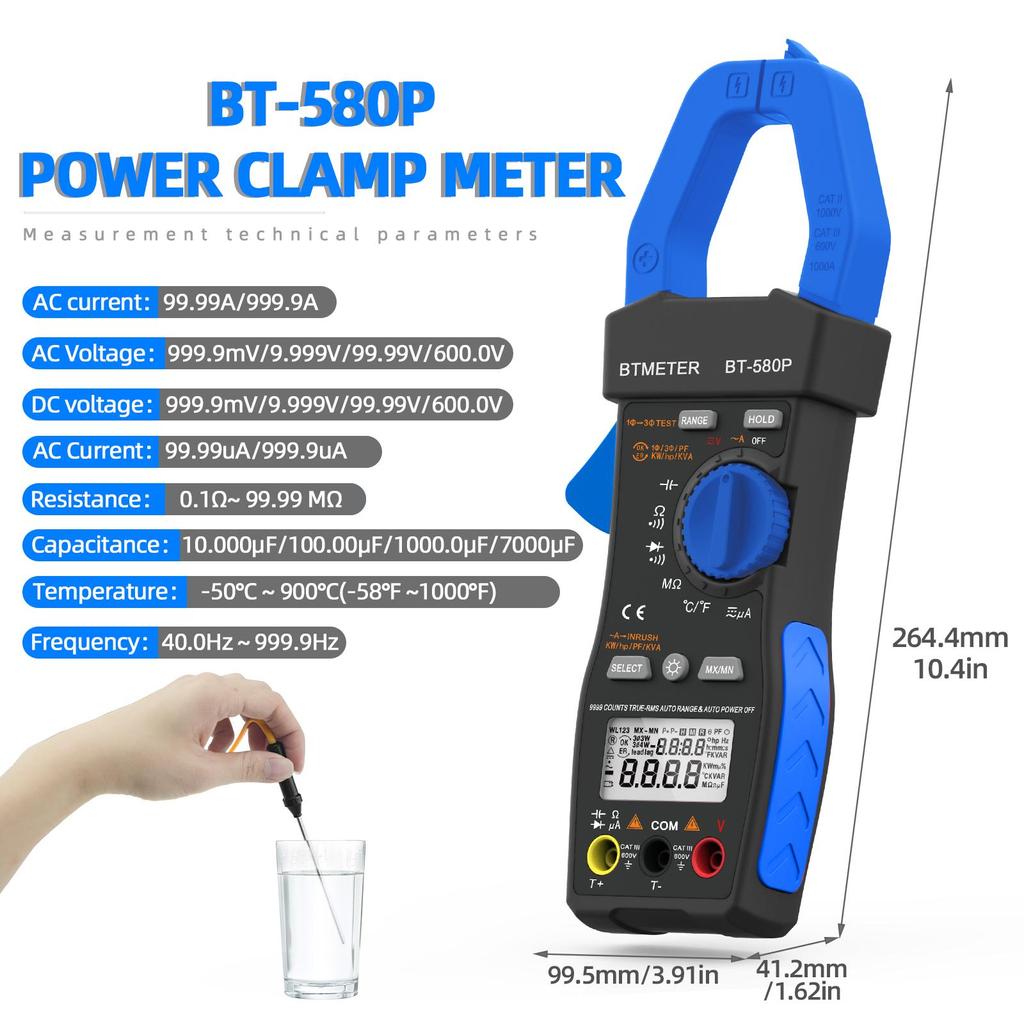 BTMETER BT-580P, 1-фазный/3-фазный накладной измеритель мощности для систем отопления, вентиляции и кондиционирования воздуха (Кондиционер) и электрические измерения, одобрено CE.