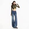 American retro washed cracked back pocket design slightly pulled jeans women's double-button flared pants