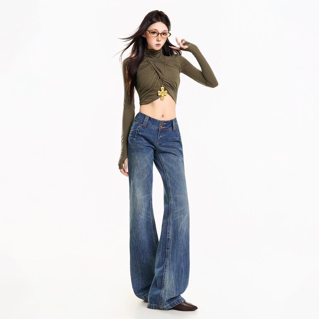 American retro washed cracked back pocket design slightly pulled jeans women's double-button flared pants