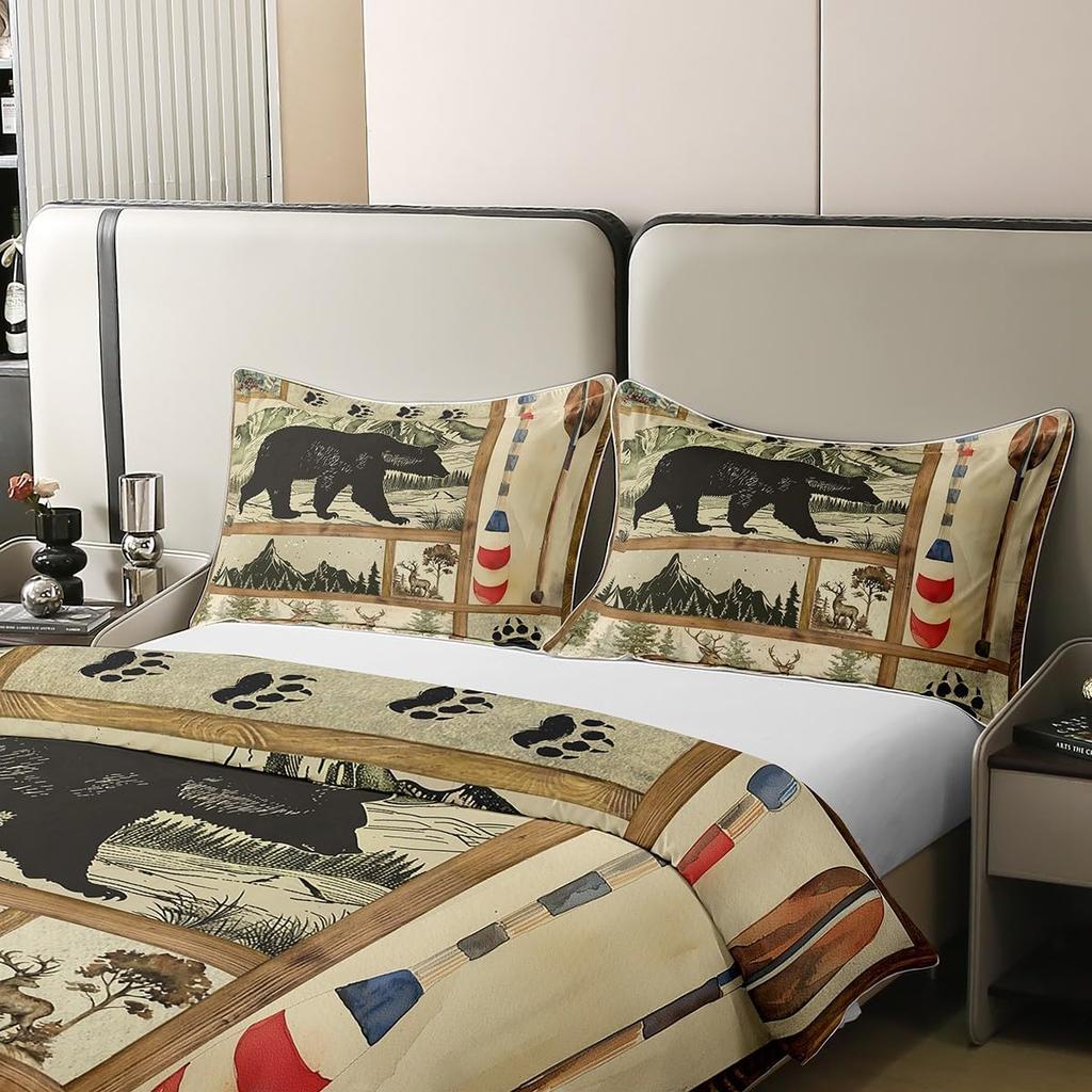 Пододеяльник Farmhouse Hunting Bear King Декор для дома у озера Одеяло Лесной Озеро Весло Постельное белье Олень Лось Дикая природа Комплект постельного белья