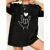 Oversized T Shirt Black Love Sign Hand Gesture Print Casual Streetwear Fashion For Women Summer Outfit