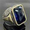Delicate Square Geometry Grave Gold Copper Color Blue Stone Rings for Men Party Jewelry Gift