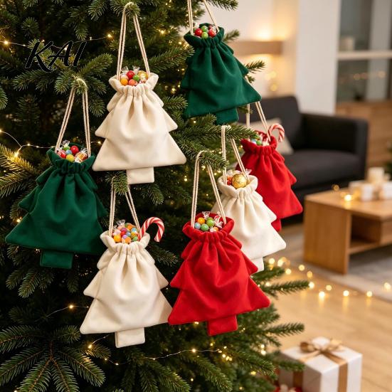 Party Favor Gift Packaging Christmas Tree Drawstring Presents Bag, Reusable Plush Wrapping Pouch, Decorative Pendant Bags Shaped Holiday Favors