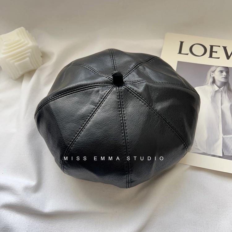 Японский однотонный берет из искусственной кожи женский черный универсальный маленький восьмиугольный головной убор ретро литературный художник шляпа бутон шляпа