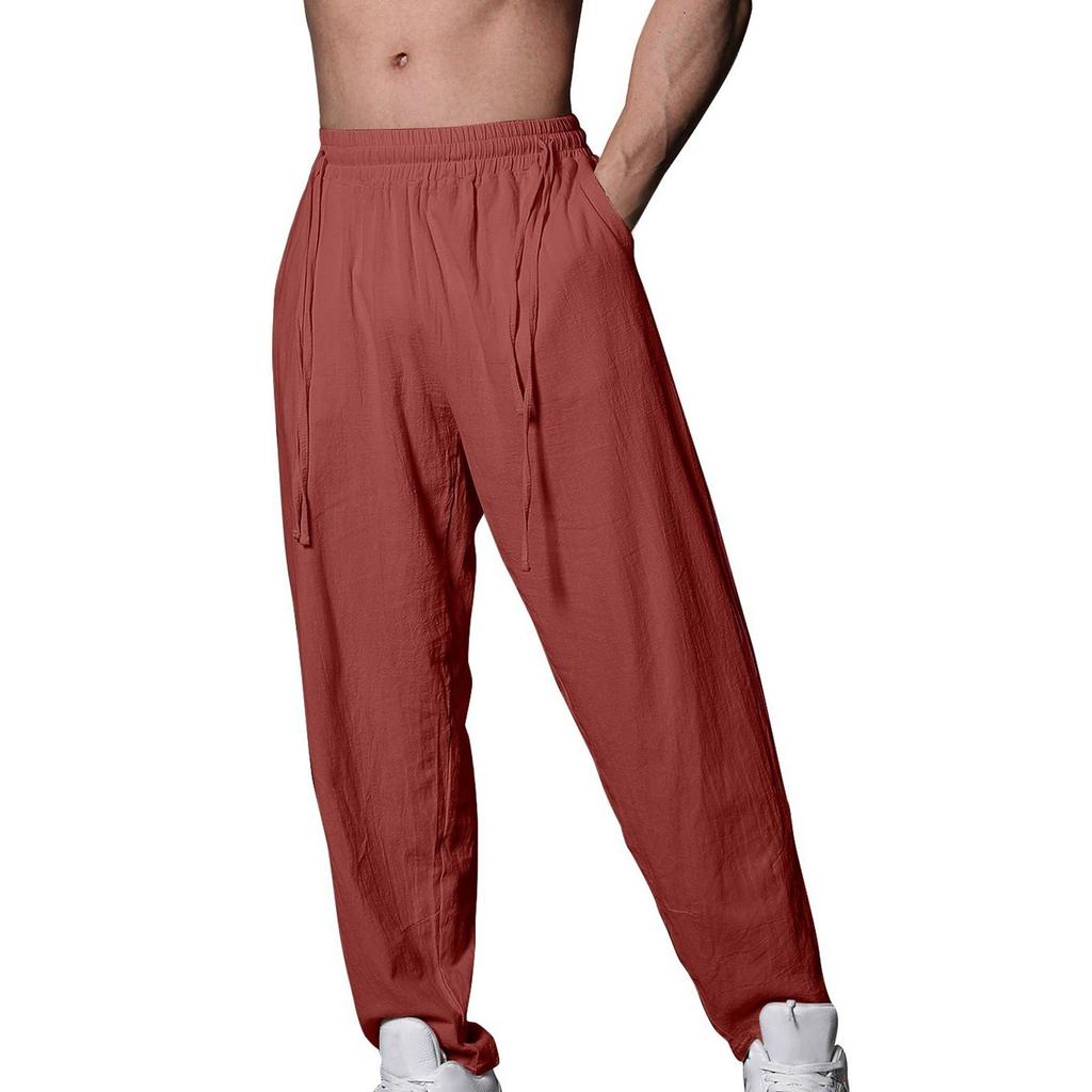 Мужские летние повседневные брюки на шнурке Мужские дышащие брюки из хлопка и льна