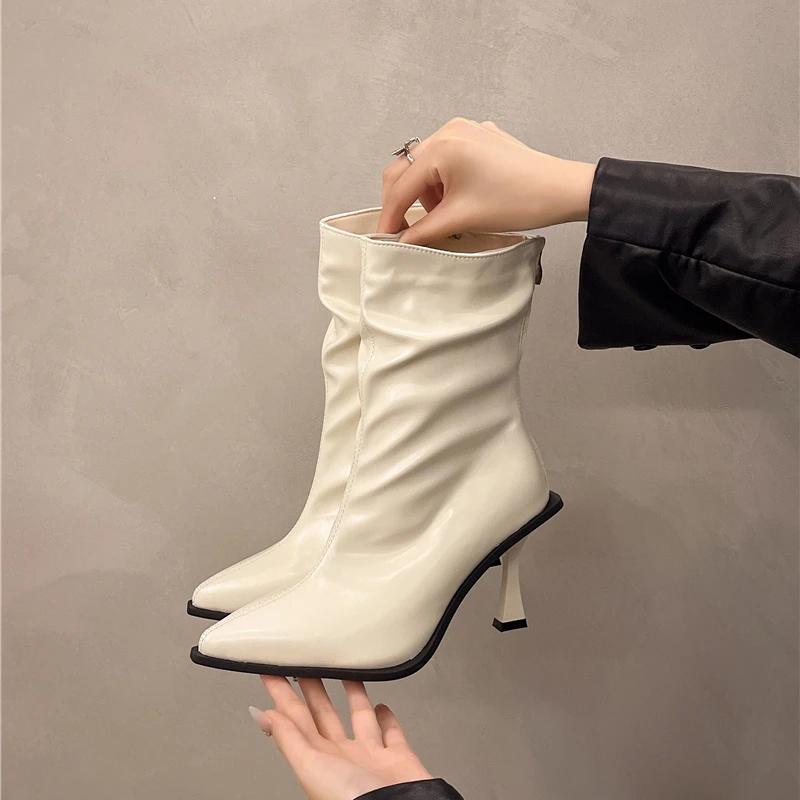 Ботильоны на высоком каблуке женские осень-зима новые остроносые коричневые ботинки на молнии кожаные модные сексуальные роскошные брендовые плиссированные дизайнерские ботинки