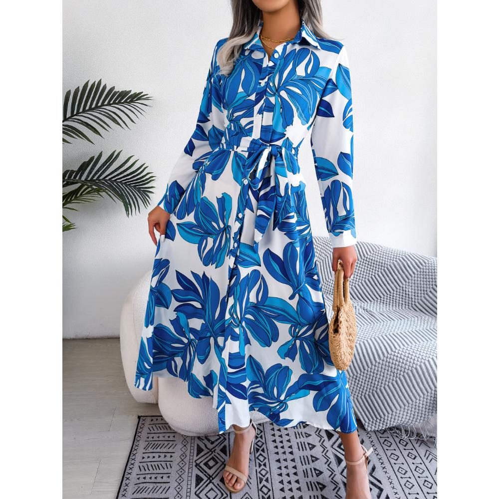 Весеннее и осеннее женское платье, платье-рубашка с цветочным узором и лацканами, длинное платье