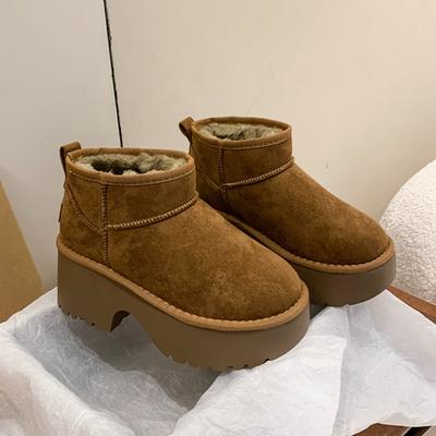 Модные женские меховые ботильоны на платформе, зимние замшевые плюшевые хлопковые туфли, брендовые туфли на высоком каблуке для женщин 2025 года, повседневные ботинки Mujer