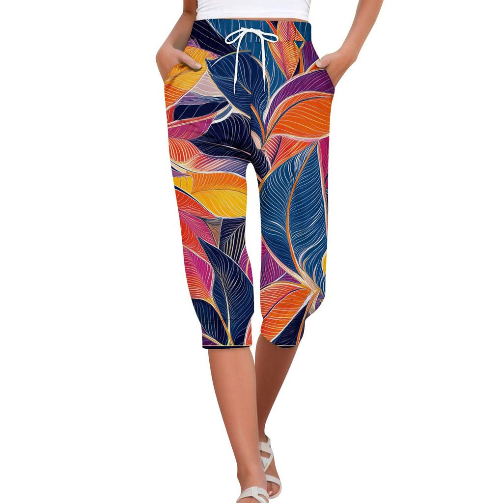 Женские летние повседневные свободные укороченные брюки с гавайским принтом и карманами