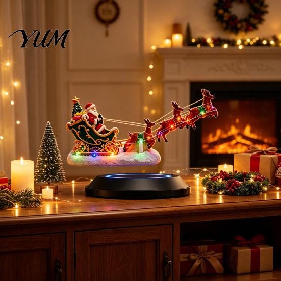 Holiday Tabletop Decor Lighted Floating Santa Sleigh, Magnetic Levitation Flying Sleigh Ornament with Bookshelf LED Light, Christmas Centerpiece