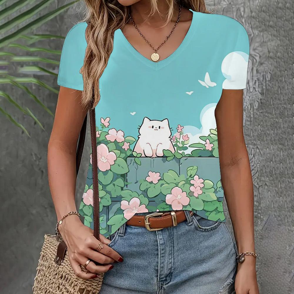 Летняя женская одежда Футболка Повседневная Свободная футболка с коротким рукавом с рисунком кота и комиксами Модная одежда с V-образным вырезом Элегантная женская футболка