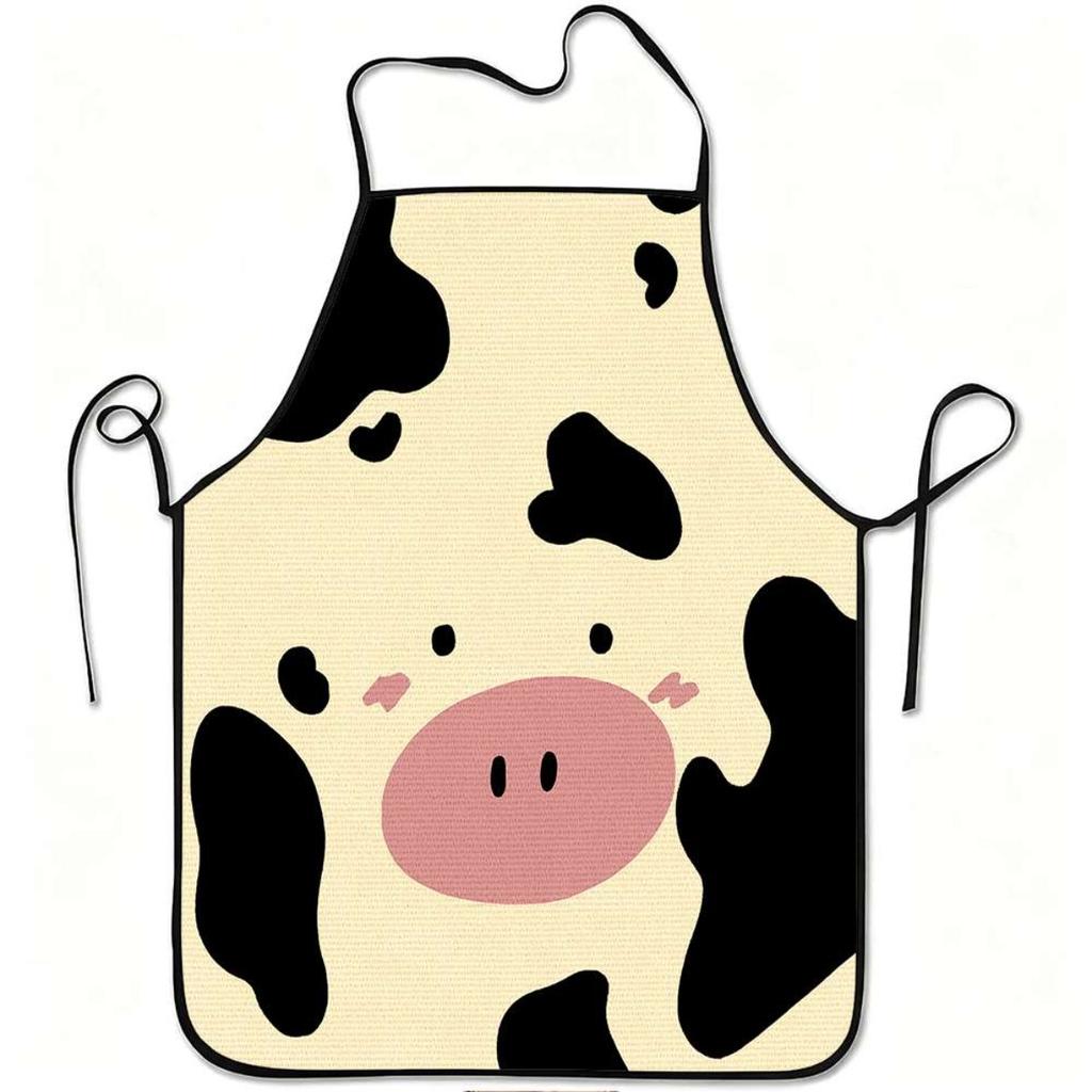 A Charming Apron Featuring a Cute Cow Face Design, Made from Durable And Easy-To-Clean Polyester, Equipped with an Adjustable Waist Strap, Perfect for