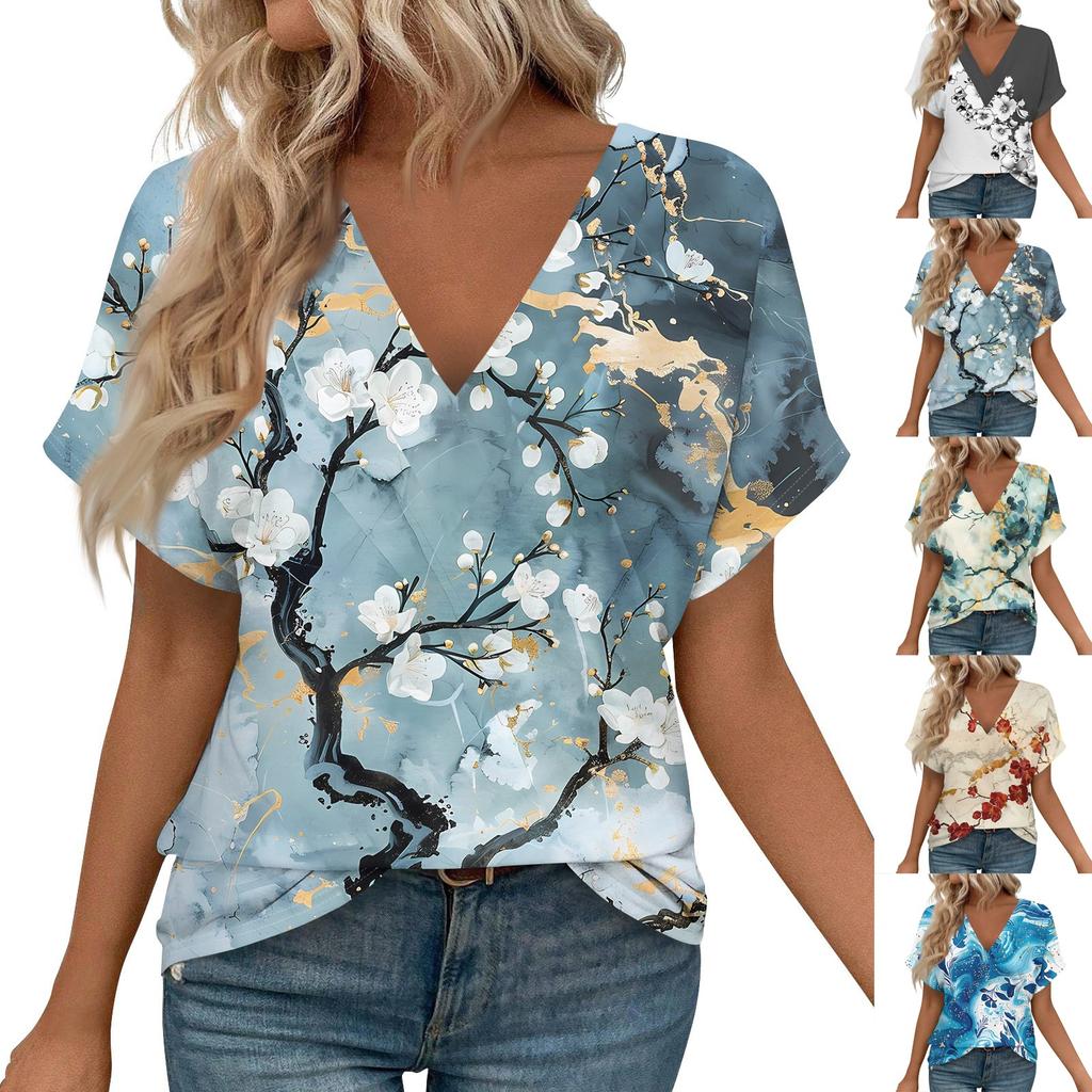 Women's Short Sleeve Shirts V Neck Print Tops Casual Tops Basic Tees Blouse Loose Tops