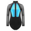 Girls Shiny Rhinestones Leotard Color Block Patchwork Keyhole Back Sheer Mesh Long Sleeve Bodysuit