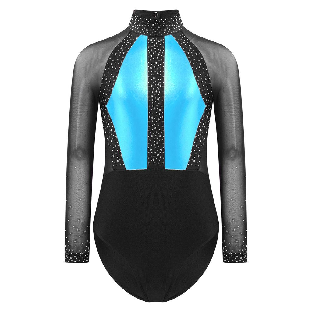 Girls Shiny Rhinestones Leotard Color Block Patchwork Keyhole Back Sheer Mesh Long Sleeve Bodysuit