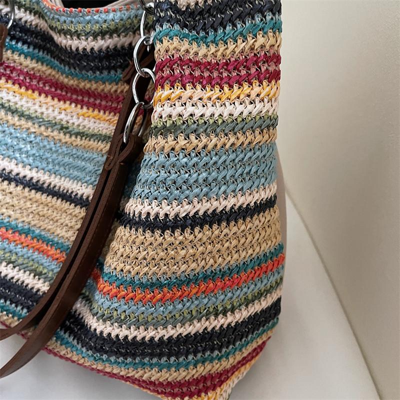 Женская сумка через плечо, полосатая сумка-тоут контрастного цвета, плетеная сумка-тоут, большая вместимость, плетеная сумка из соломы