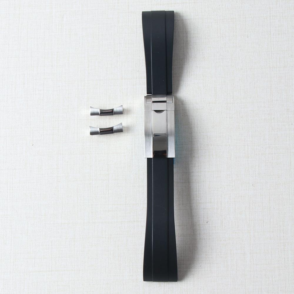 20mm Rubber Watch Band For Yacht-Master Seiko Daytona Submariner Curved End Strap With Endlink Buckle Black Silicone Bracelet