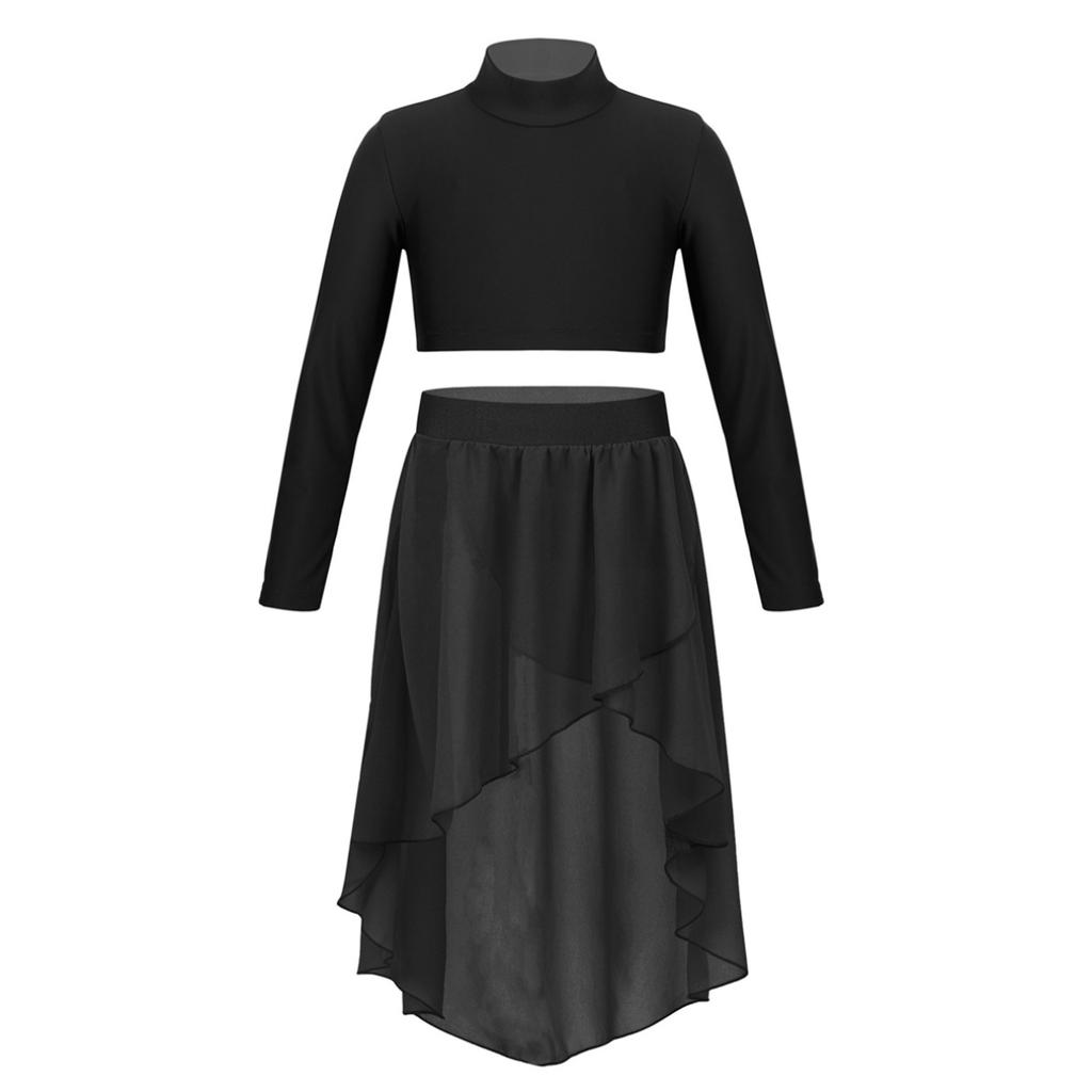 Детские танцевальные костюмы, укороченный топ с длинными рукавами и высокая низкая шифоновая юбка, комплект для детей, девочек