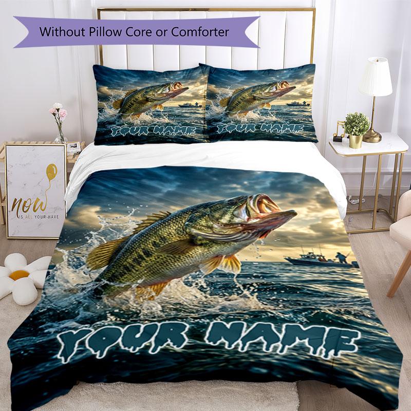 3PC Custom Name Largemouth Bass Adventure Bedding Set Duvet Cover Closure Includes 1 Duvet Cover & 2 Pillowcases for Bedroom