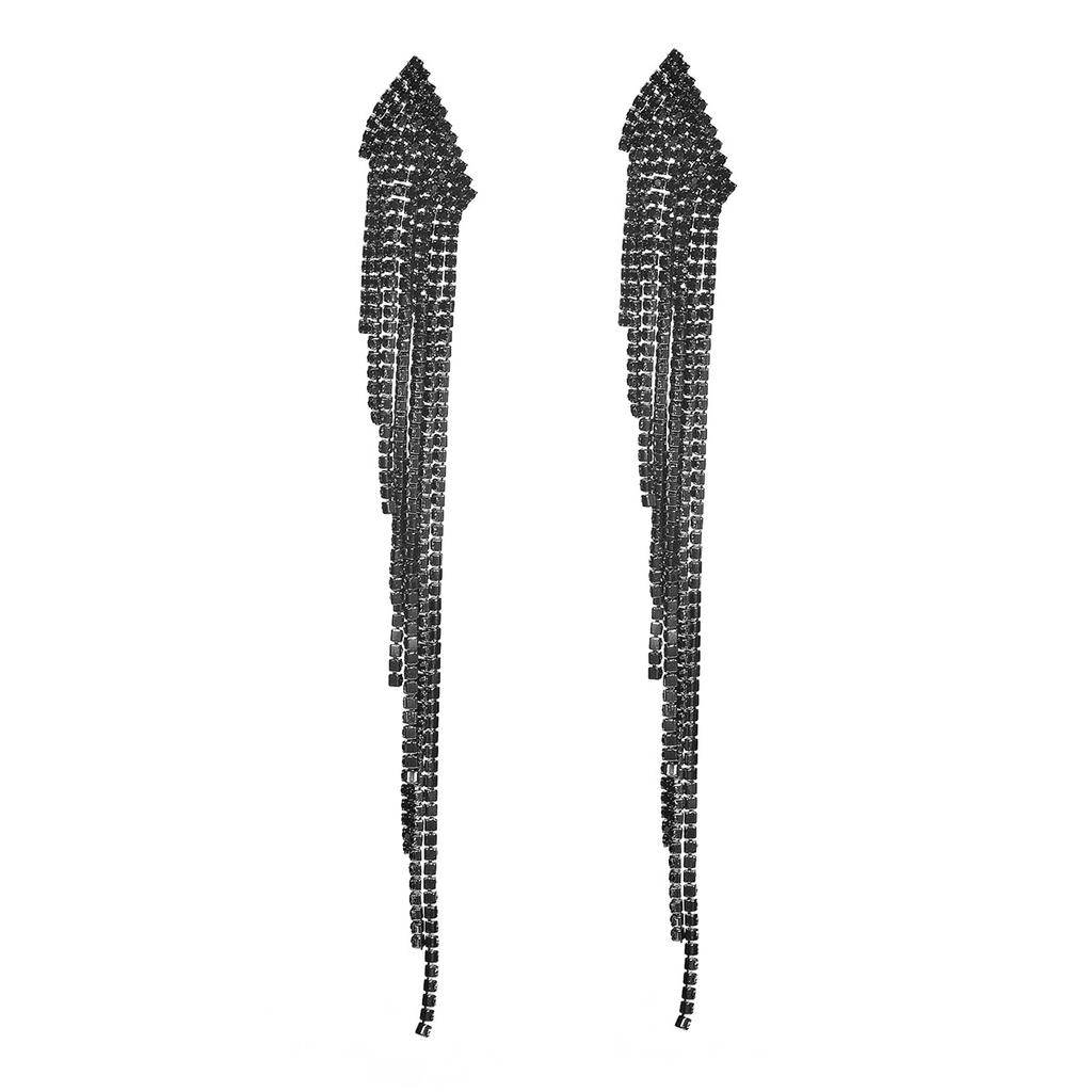 Black Rhinestone Electrophoresis Tassel Long Earrings Temperament Luxury Shiny Earrings Female Earrings Jewelry 1 Pair
