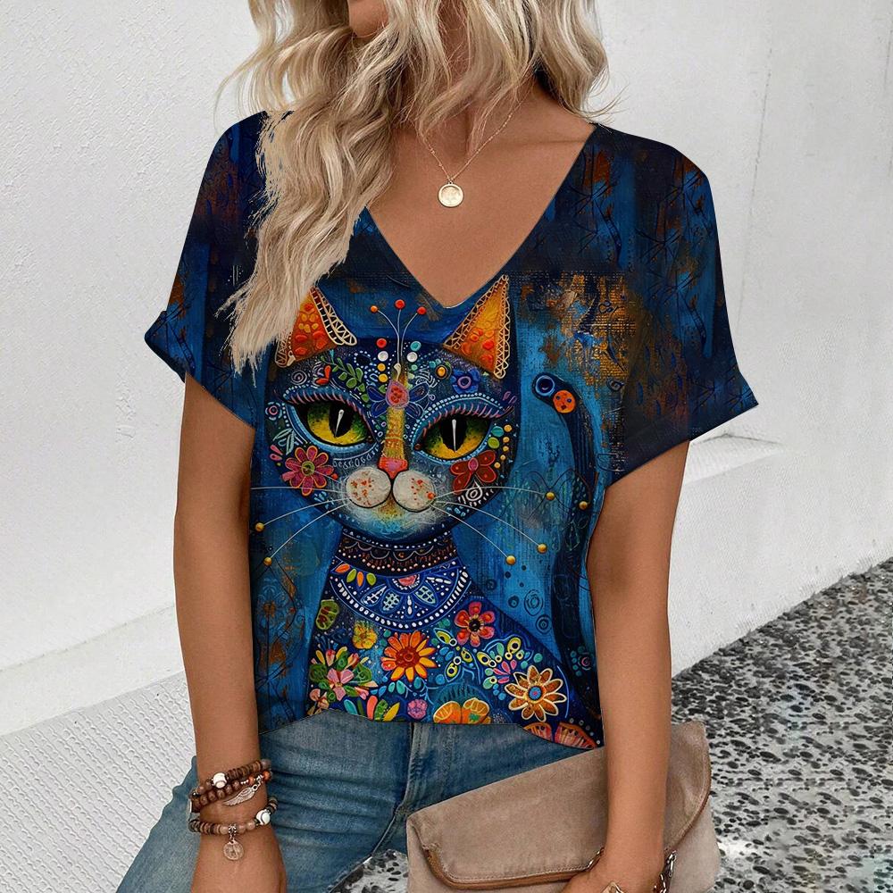 2025 Большой размер короткий рукав популярная женская футболка с V-образным вырезом красивый дизайн с принтом кота футболки Sense Of New Summer