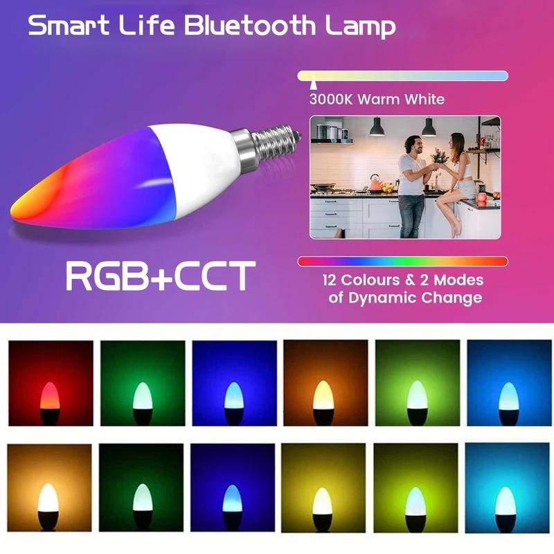 Светодиодная интеллектуальная лампочка E14 RGB Bluetooth 220 В свечные хрустальные лампы с регулируемой яркостью управления через приложение для умного дома, спальни, гостиной