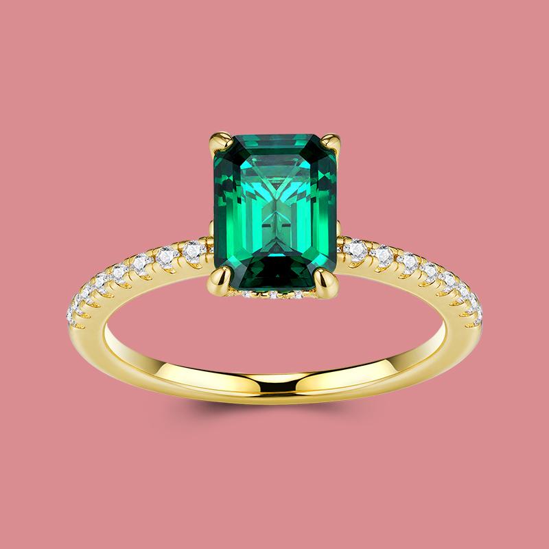 Emerald Cut Lab Created Emerald Ring Prong Setting S925 Silver Ring with GRA 18K Gold Plated Luxury Wedding Emerald Jewelry Ring