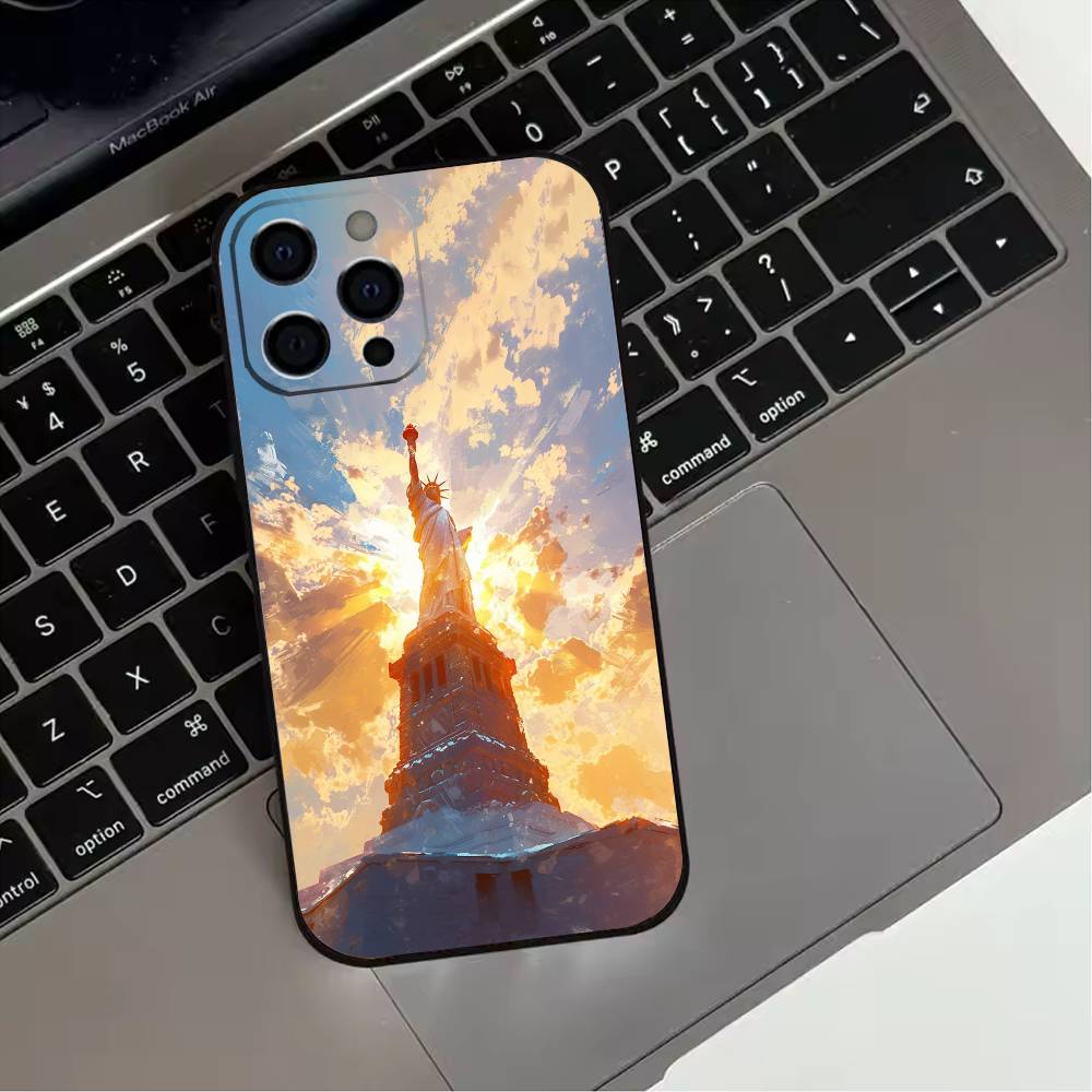 Америка США Флаг Статуя Свободы Чехол для телефона Для iPhone 17,16,15,14,13,12,11 Plus,Pro Max,XS,Мягкий силиконовый Черный чехол