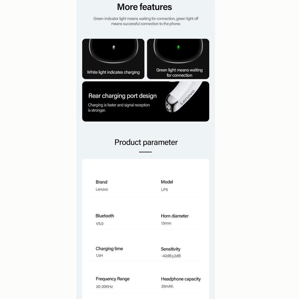 Lenovo LP5 Мини Bluetooth наушники 9D стерео водонепроницаемые беспроводные наушники для iPhone 13 Xiaomi Bluetooth наушники с микрофоном