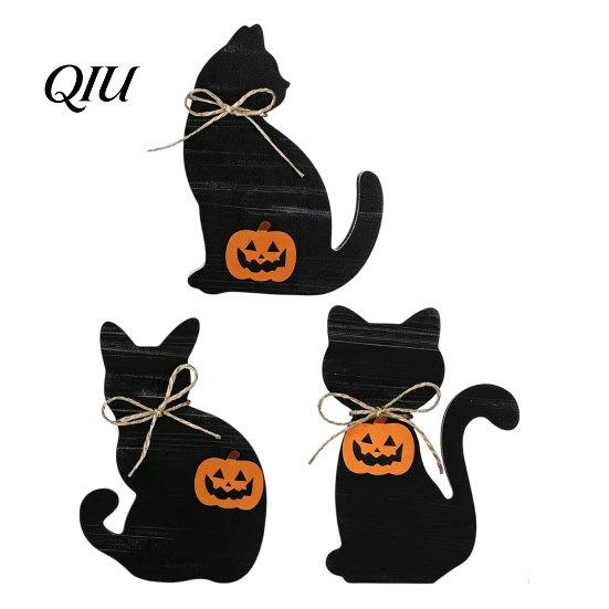 Halloween Party Decor 3Pcs Decoration, Black Cat Ghost Witch Hat Table Decor, Rustic Farmhouse Wooden Centerpieces for Home Office Tiered Tray