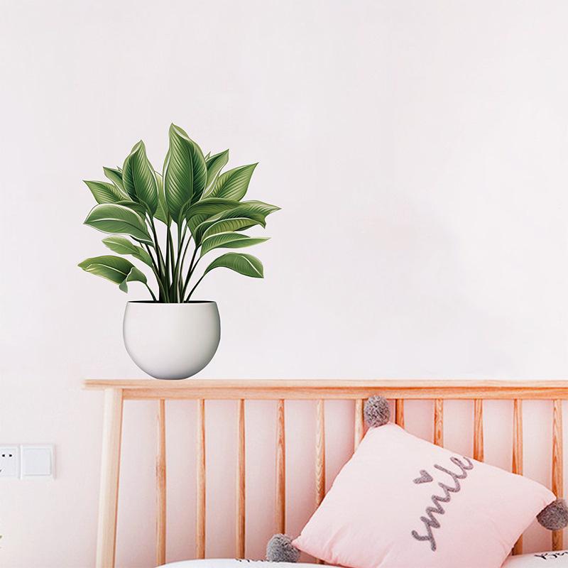 Зеленый цветочный горшок, настенная наклейка, ванная комната, шкаф, спальня, прикроватная тумбочка, украшение на дверь холодильника, самоклеящаяся наклейка