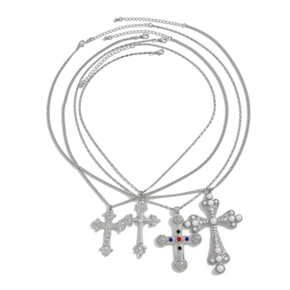 Pearl Cross Pendant Necklace Silver Rhinestone Necklace Unique Men Necklace Women
