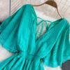 Summer Korean Hollowed-out Deep V-neck Waistband Show Thin Ruffle Sleeve A-line Seaside Holiday Beach Dress Vestidos