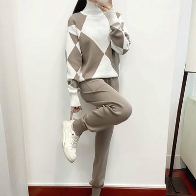Костюм женский осенне-зимний повседневный трикотажный клетчатый свитер брюки костюм из двух частей