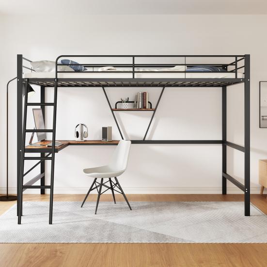 Strong Carrying Capacity Children Bed with L-shaped Bookshelf Ladder Metal Frame Loft Bed Home