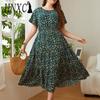 Женская мода лето весна цветочный принт с коротким рукавом и круглым вырезом с высокой талией повседневные платья