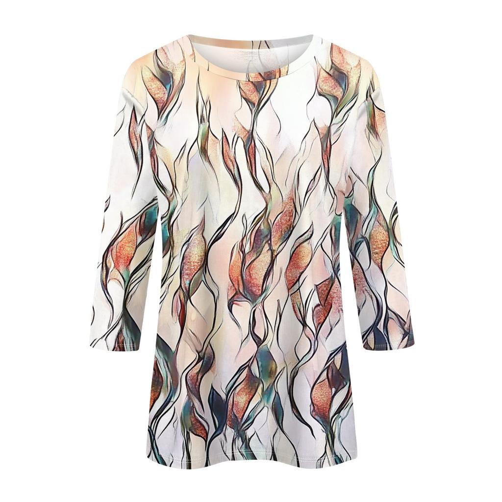 Women's Fashion Casual Three-quarter Sleeve Vintage Floral Print Round Neck Top