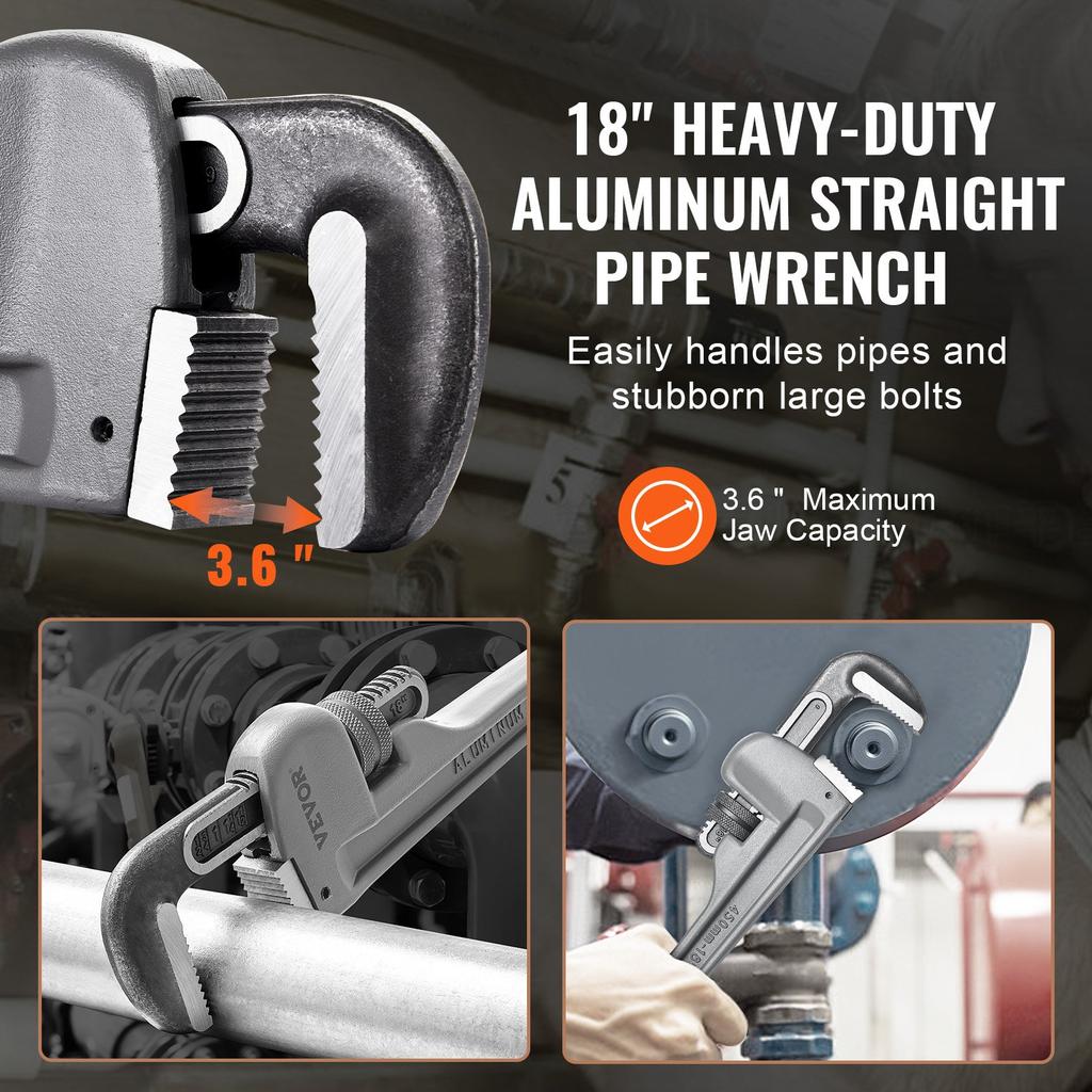 VEVOR Pipe Wrench, 18" Aluminum Straight Pipe Wrench, Adjustable Plumbing Wrench, with High Strength Jaw and Ergonomic Handle, Easy to Carry
