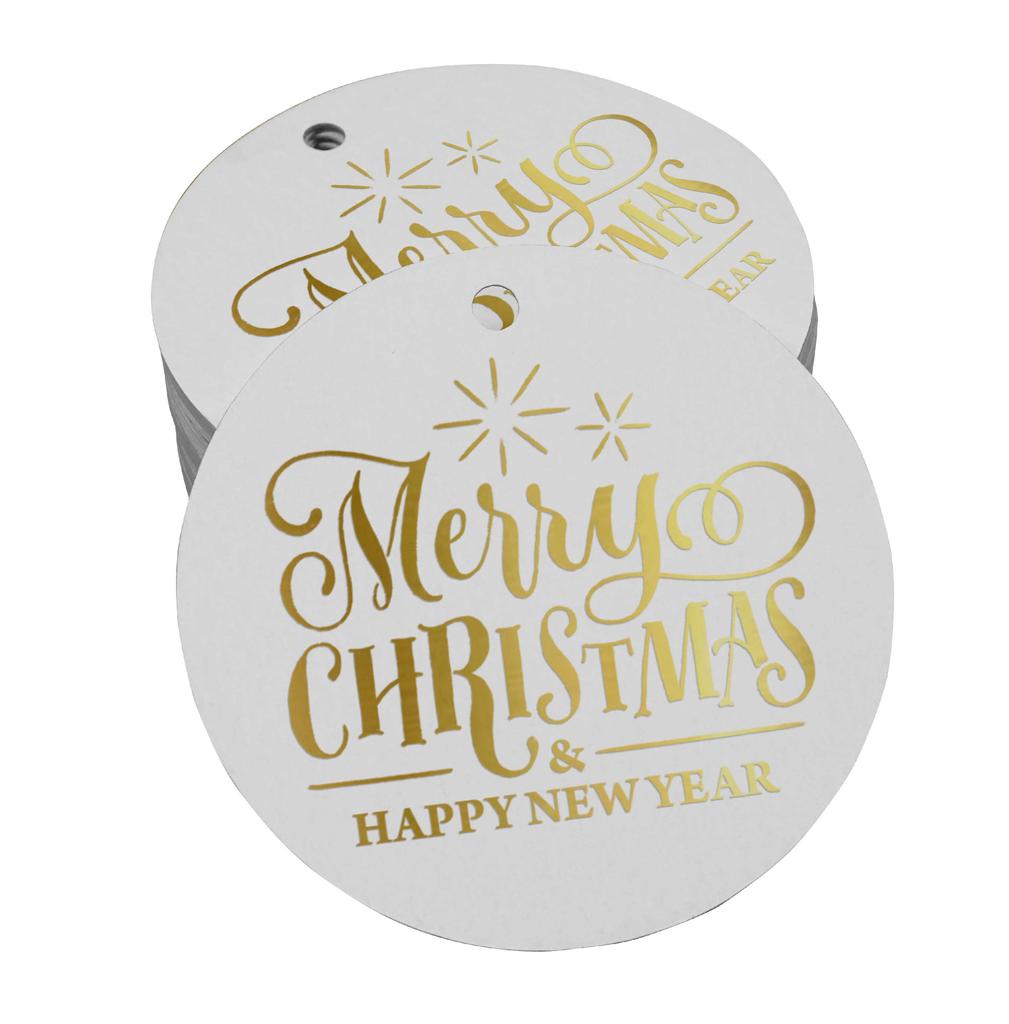 Inkdotpot Pack Of 100 Real Gold Foil Paper Tags Merry Christmas & Happy New Year Text Favor Hang
