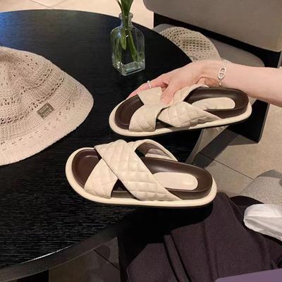 Виноградная мама 2025 лето новые мягкие восковые ромбовидные перекрестные ремешки плоская подошва сочетание цветов уличные тапочки женские