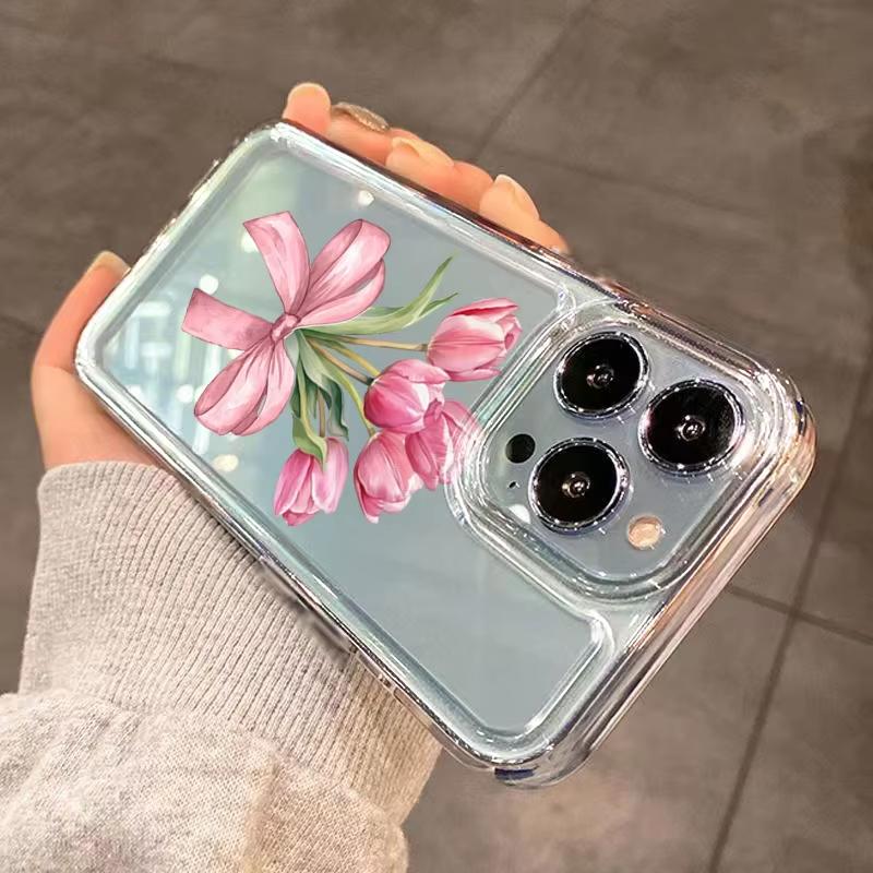 Модный Розовый Тюльпан Бант Прозрачный Чехол для Телефона Для iPhone 17 16 Pro Max 15 14 Plus 13 12 11 XS X XR 7 8 Plus 16E 17 Air Защитная Крышка
