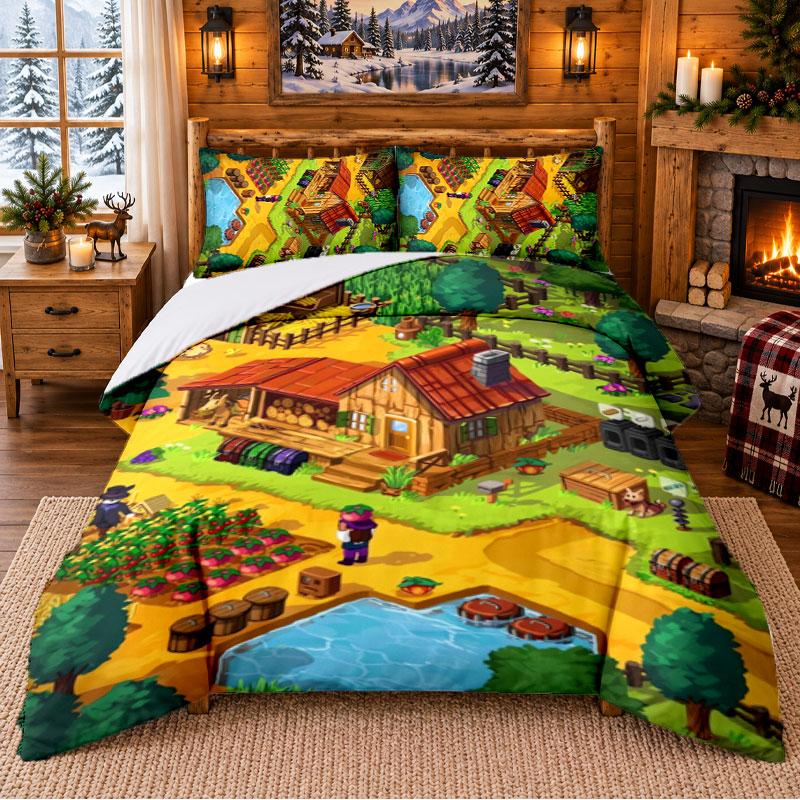 Stardew Valley Pattern Bedding 3Pcs Set Bed Sheet And Pillowcases For Indoor Bedroom