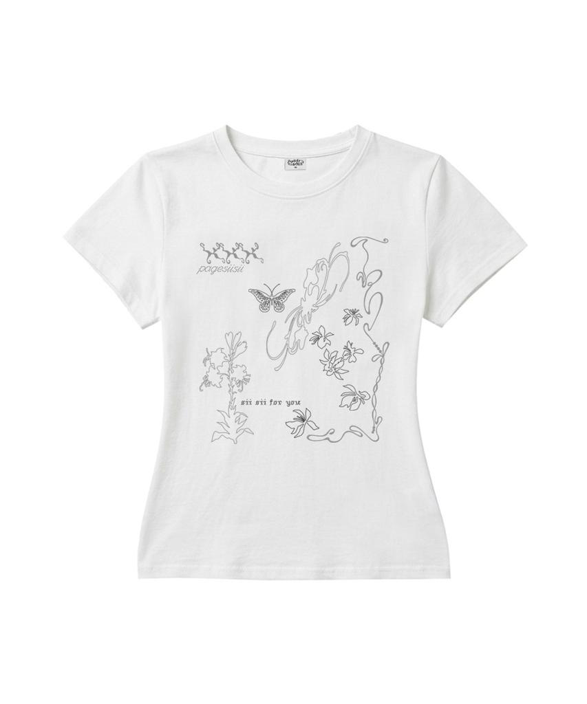 PAGESIISII Line Hand-Drawing Print Slim Fit Short Sleeve T-Shirt Black