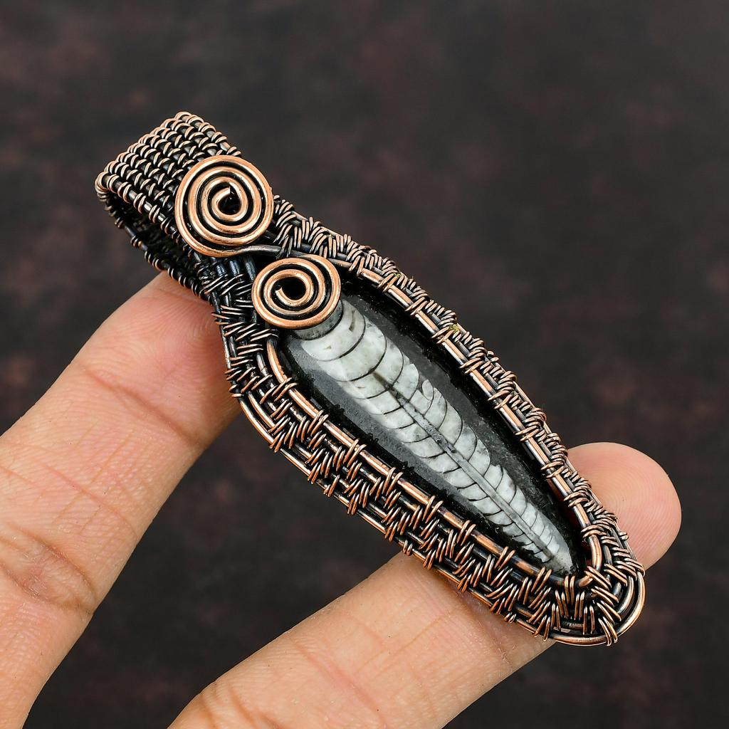 Orthoceras Ископаемый кулон, медная проволока, кулон, уникальный кулон ручной работы, медная проволока, ювелирные изделия, кулон из натурального драгоценного камня, подарок для нее