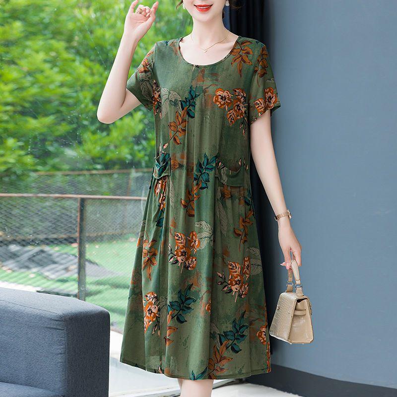 Женское летнее модное свободное хлопковое шелковое платье большого размера с короткими рукавами и цветочным принтом, темпераментные платья трапециевидной формы