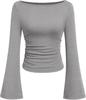 2025 Autumn Slim Fit Women's Boat Neck Bell Sleeve Ruched Top - Solid Color, Long Sleeve