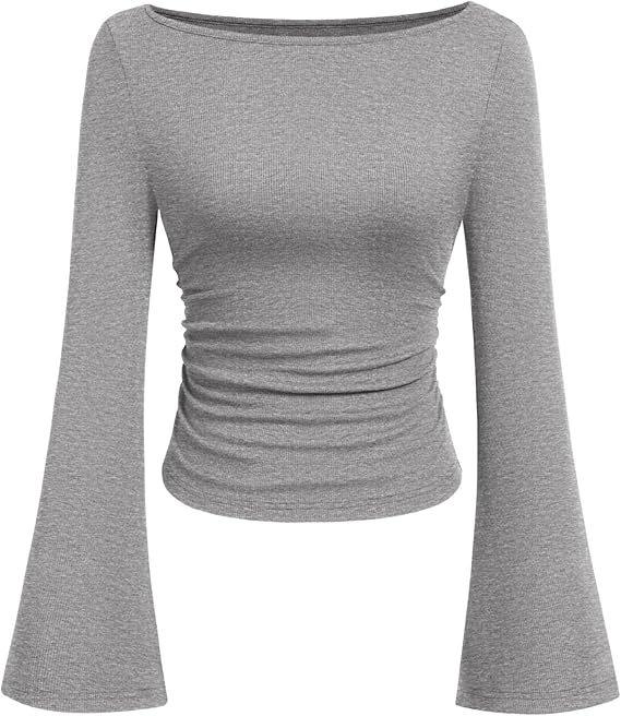 2025 Autumn Slim Fit Women's Boat Neck Bell Sleeve Ruched Top - Solid Color, Long Sleeve