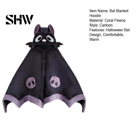 Warm Fleece Loungewear Halloween Bat Blanket Hoodie, Plush Wearable Hooded Costume Cape, Oversized Cartoon Sleepwear for Women Loose Fit