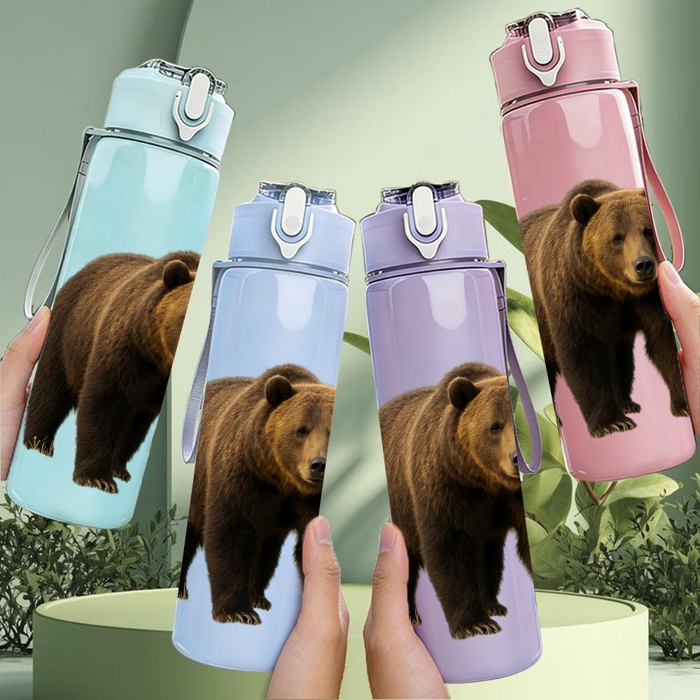 1PC Big Brown Bear Wild Animal Print 750ml Color Plastic Sports Water Bottle Leakproof Flip Straw Lid Suitable for Sports Office Home Use